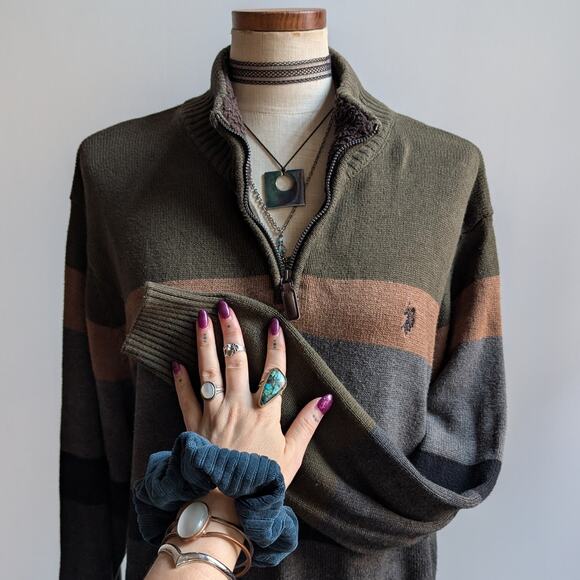 Vintage Green Striped Knit Sweater Earthy Minimalist Grunge Preppy Fleece Large - Picture 3 of 8
